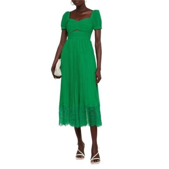 SELF-PORTRAIT Corded Lace Trimmed Cutout Pleated Chiffon Midi Dress Size 4 New - Picture 1 of 16